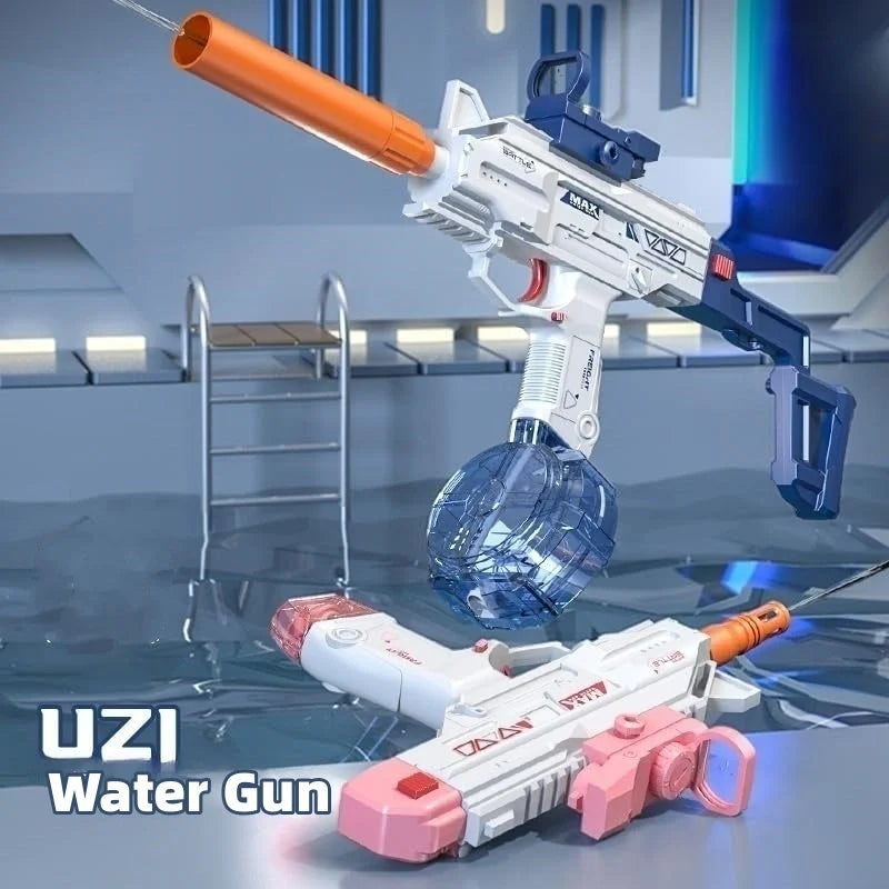 Children's Automatic UZI Electric Backpack Water Gun in technology blue and girl pink