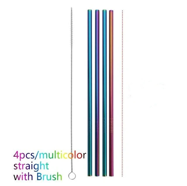 Vibrant reusable stainless steel straws set with cleaning brush, eco-friendly alternative to plastic