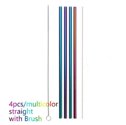 Vibrant reusable stainless steel straws set with cleaning brush, eco-friendly alternative to plastic