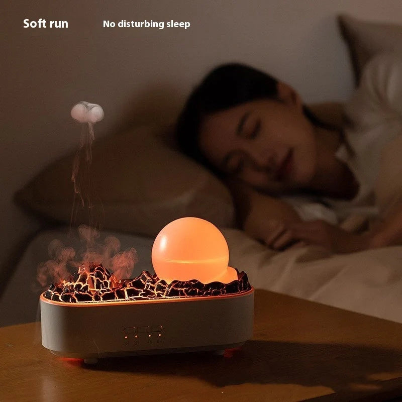 USB Volcano Humidifier on a desktop, emitting a heavy fog for air moisture