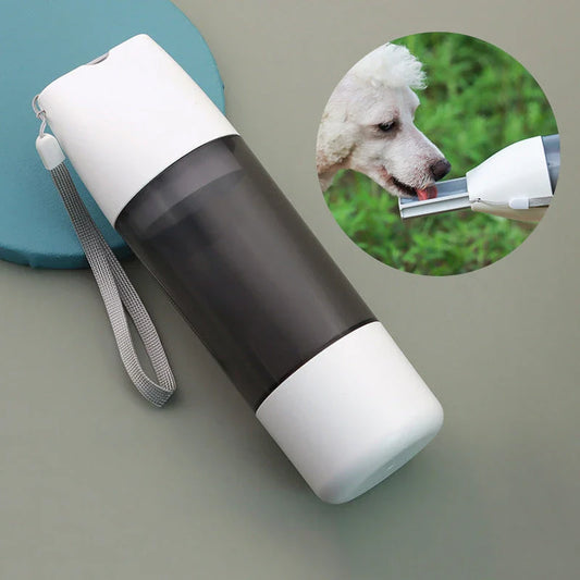Portable pet water bottle with food container compartment, made of durable ABS plastic and silicone for outdoor use