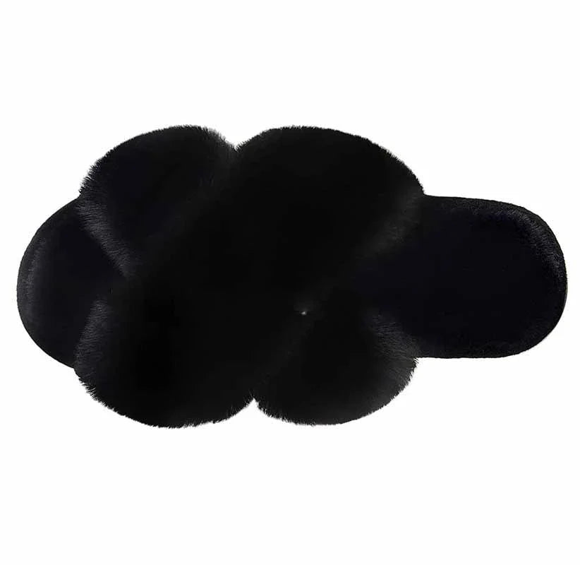 Cosy faux fur slippers in a variety of classic British colours, featuring a stylish cross-over design for indoor comfort and sophistication.