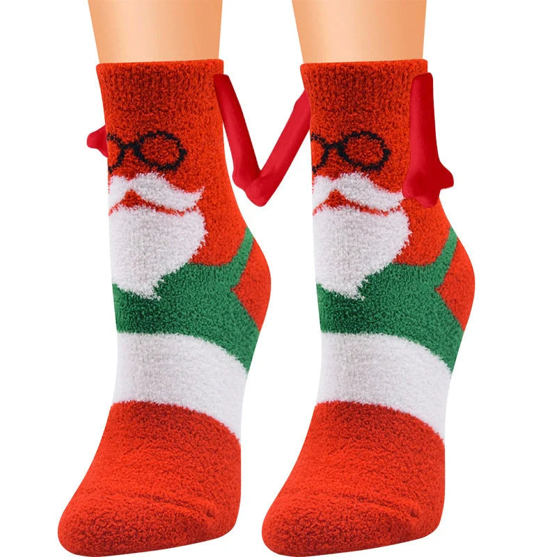 Christmas couple socks with magnetic suction feature for hand holding, festive 3D animal patterns