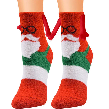 Christmas couple socks with magnetic suction feature for hand holding, festive 3D animal patterns