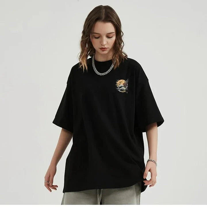 Harajuku Crane Graphic Unisex T-Shirt in white, featuring a bold crane print design