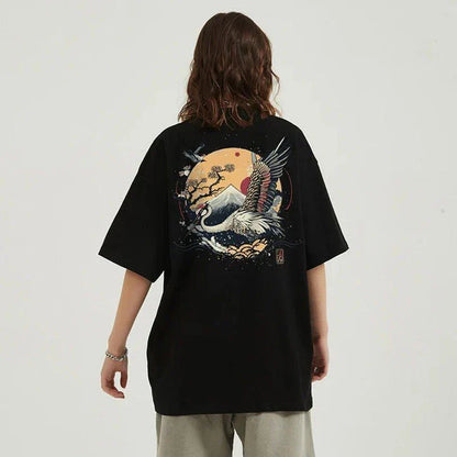Harajuku Crane Graphic Unisex T-Shirt in white, featuring a bold crane print design