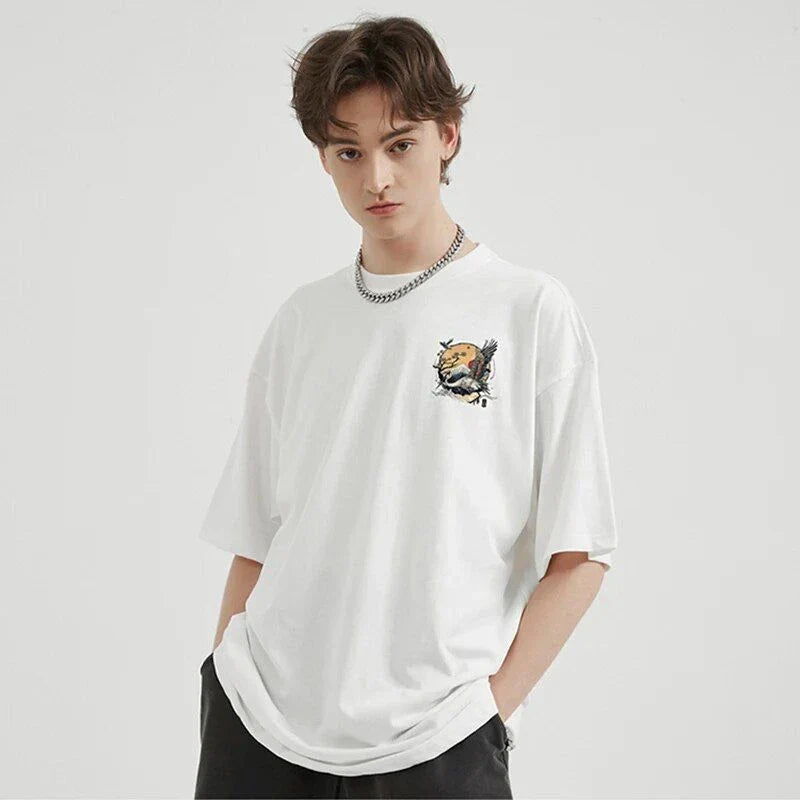 Harajuku Crane Graphic Unisex T-Shirt in white, featuring a bold crane print design