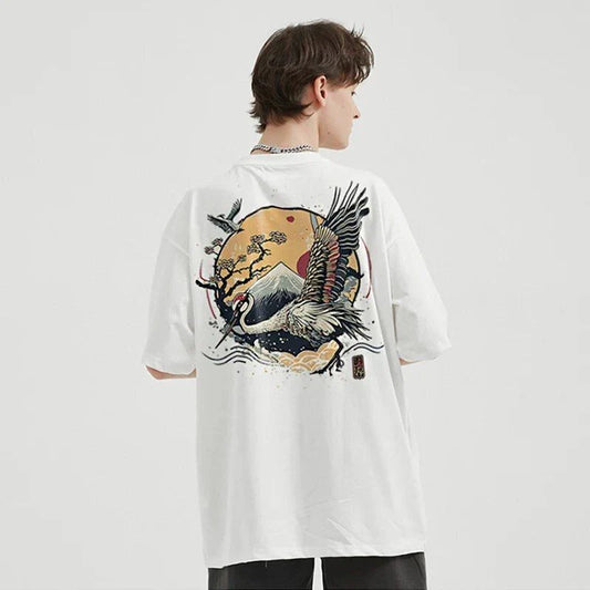 Harajuku Crane Graphic Unisex T-Shirt in white, featuring a bold crane print design