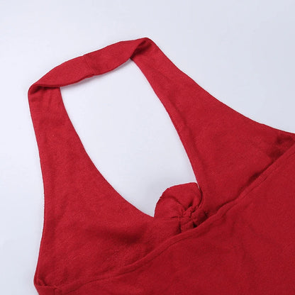 Flower Halter Knitted Vest Top in red, featuring a 3D stereo pattern and halter neckline