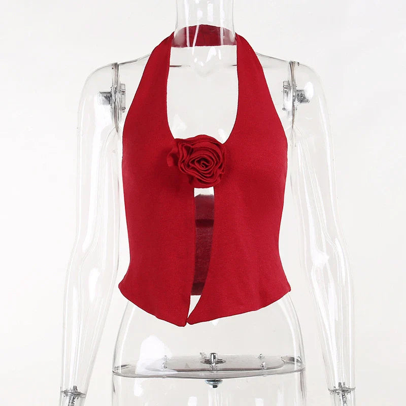 Flower Halter Knitted Vest Top in red, featuring a 3D stereo pattern and halter neckline