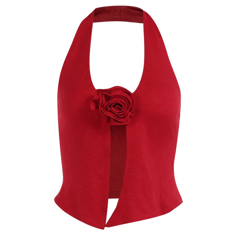 Flower Halter Knitted Vest Top in red, featuring a 3D stereo pattern and halter neckline