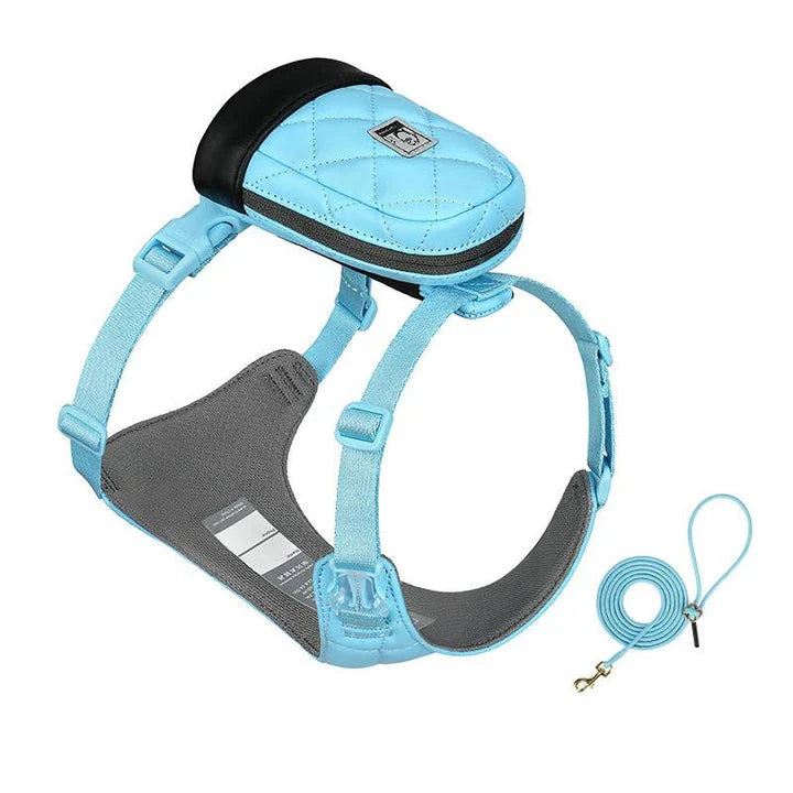 Eco-friendly pet harness set with adjustable leash and poop bag holder for comfortable, sustainable outdoor adventures with your furry friend