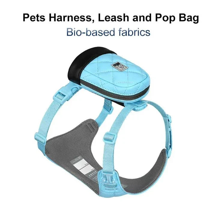 Eco-friendly pet harness set with adjustable leash and poop bag holder for comfortable, sustainable outdoor adventures with your furry friend