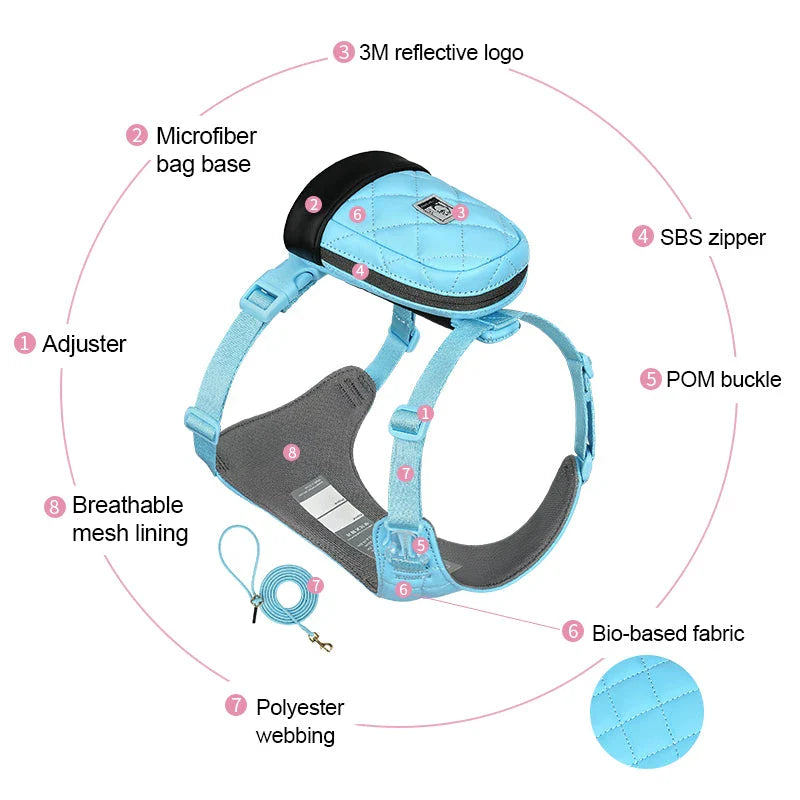 Eco-friendly pet harness set with adjustable leash and poop bag holder for comfortable, sustainable outdoor adventures with your furry friend