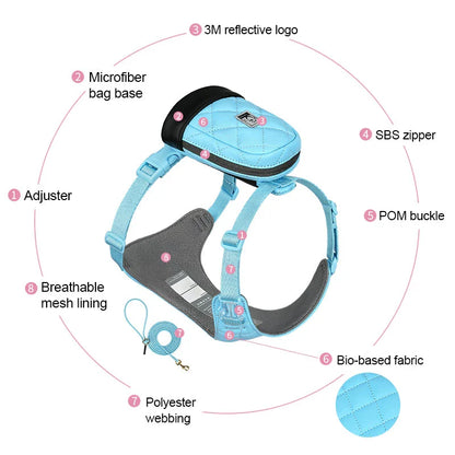 Eco-friendly pet harness set with adjustable leash and poop bag holder for comfortable, sustainable outdoor adventures with your furry friend