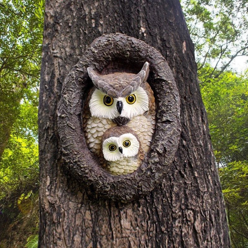 Charming mother and child owl resin ornament for outdoor hanging in British gardens and patios