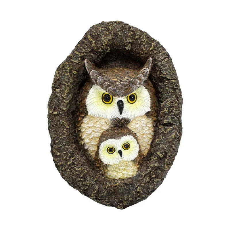 Charming mother and child owl resin ornament for outdoor hanging in British gardens and patios