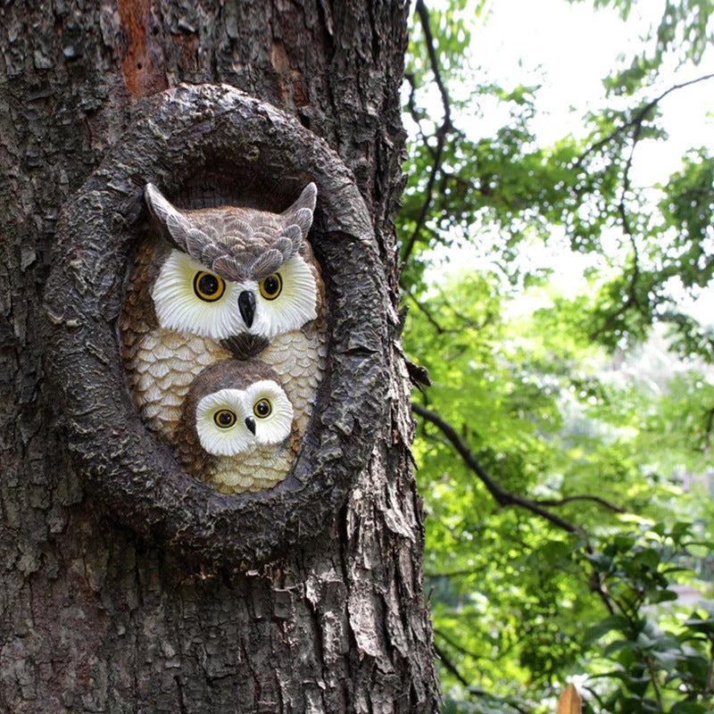 Charming mother and child owl resin ornament for outdoor hanging in British gardens and patios