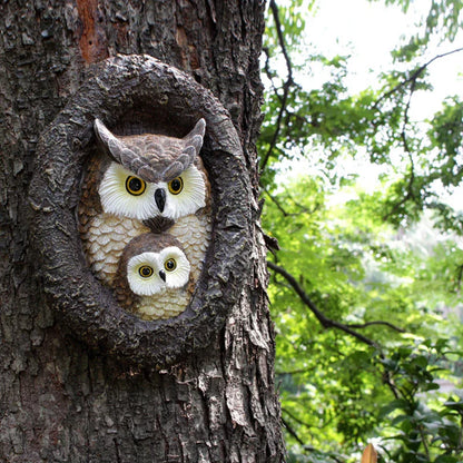 Charming mother and child owl resin ornament for outdoor hanging in British gardens and patios