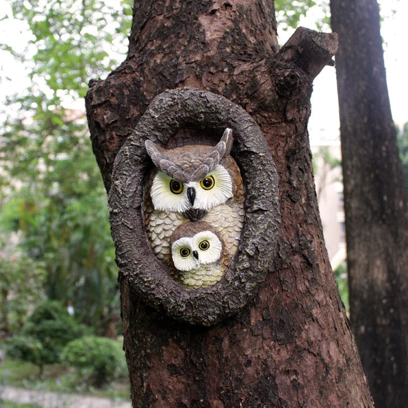 Charming mother and child owl resin ornament for outdoor hanging in British gardens and patios
