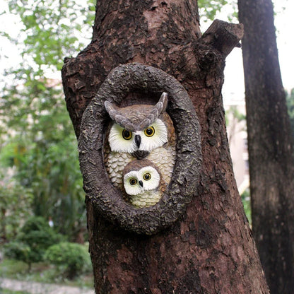 Charming mother and child owl resin ornament for outdoor hanging in British gardens and patios