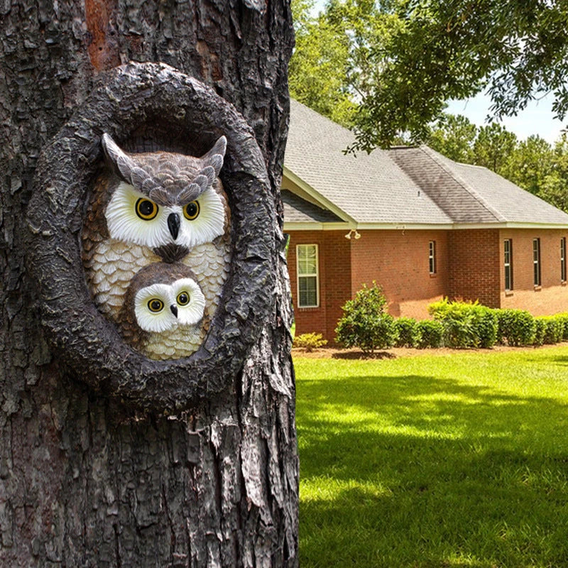 Charming mother and child owl resin ornament for outdoor hanging in British gardens and patios