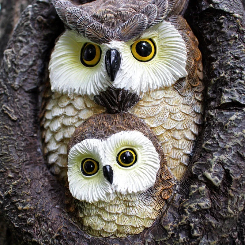 Charming mother and child owl resin ornament for outdoor hanging in British gardens and patios