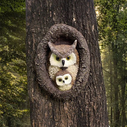 Charming mother and child owl resin ornament for outdoor hanging in British gardens and patios