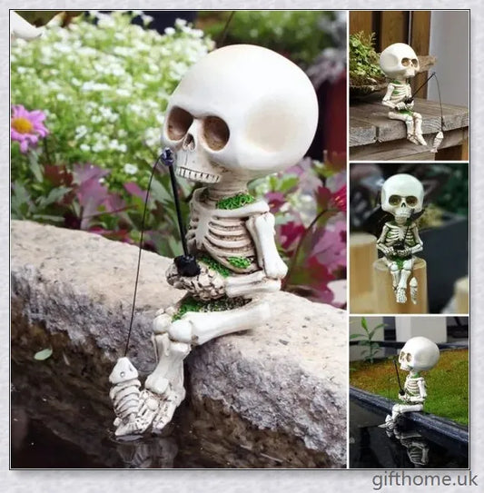 Charming fisherman's skeleton Halloween decor with a tiny skeleton fish, perfect for adding spooky flair to your home or garden this season.