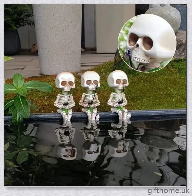 Charming fisherman's skeleton Halloween decor with a tiny skeleton fish, perfect for adding spooky flair to your home or garden this season.