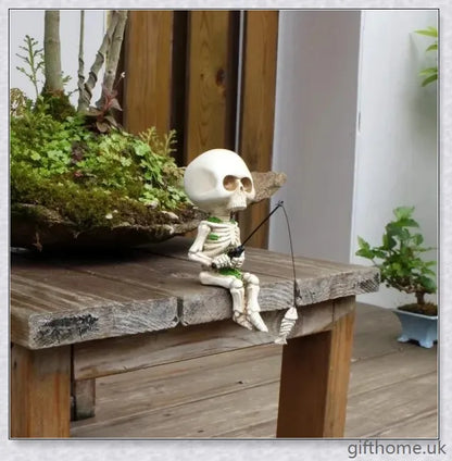 Charming fisherman's skeleton Halloween decor with a tiny skeleton fish, perfect for adding spooky flair to your home or garden this season.