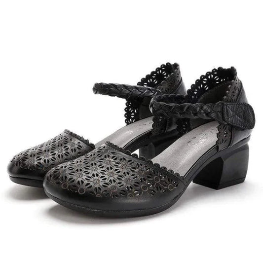 Premium cowhide leather sandals with thick heel and hollow toe design, perfect for Mori Girl-inspired fashion
