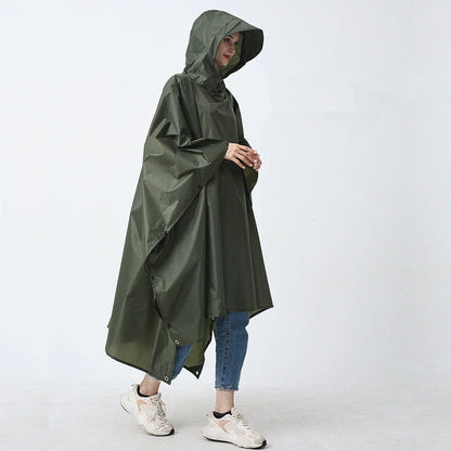 A durable and versatile rain poncho that transforms into a camping mat or cycling cover, perfect for outdoor adventures.