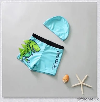 A pair of boxer shorts featuring a vibrant Tyrannosaurus Rex print on a polyester fabric background