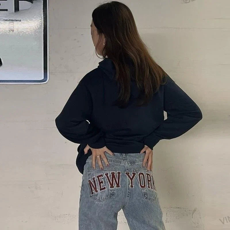 American retro casual light blue slimming high waist straight jeans