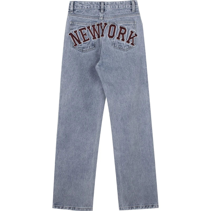American retro casual light blue slimming high waist straight jeans