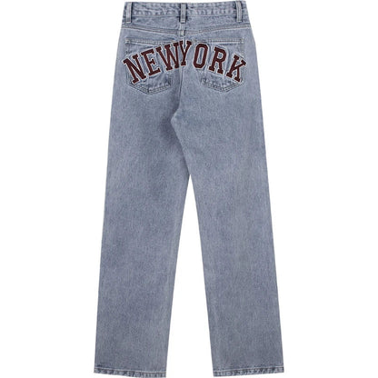 American retro casual light blue slimming high waist straight jeans