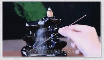 Ceramic multi-layer waterfall aromatherapy incense burner with smoky backflow effect and 20 assorted fragrant incense cones