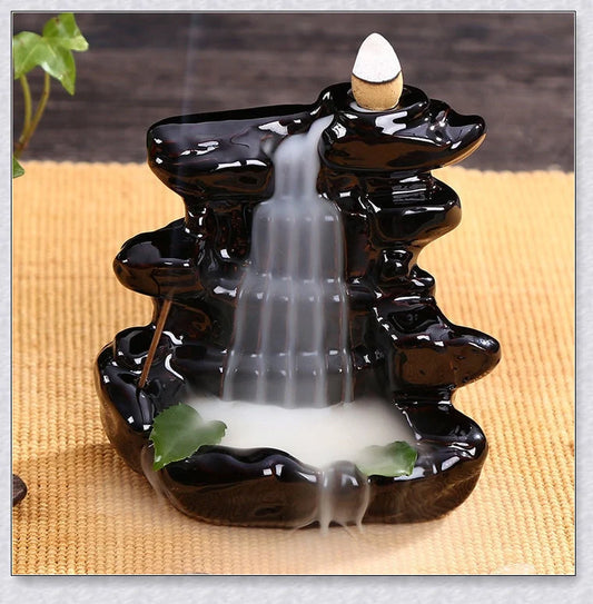 Ceramic multi-layer waterfall aromatherapy incense burner with smoky backflow effect and 20 assorted fragrant incense cones