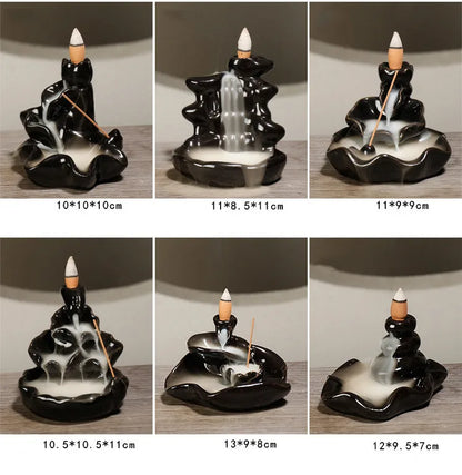 Ceramic multi-layer waterfall aromatherapy incense burner with smoky backflow effect and 20 assorted fragrant incense cones