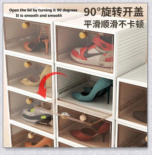 Clear plastic folding shoe storage box with transparent door panel, ideal for organising shoes, clothes, and kitchen items in modern homes.