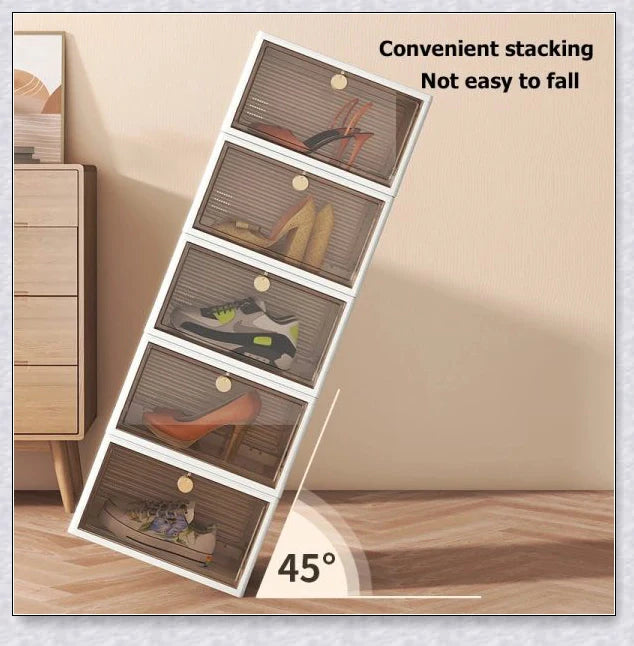 Clear plastic folding shoe storage box with transparent door panel, ideal for organising shoes, clothes, and kitchen items in modern homes.