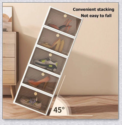 Clear plastic folding shoe storage box with transparent door panel, ideal for organising shoes, clothes, and kitchen items in modern homes.