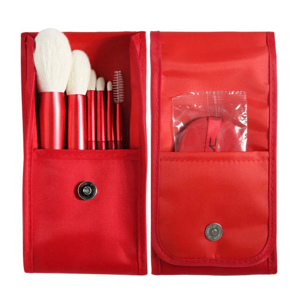 High quality 6-piece natural goat hair makeup brush set with stylish red wood handles and carrying pouch