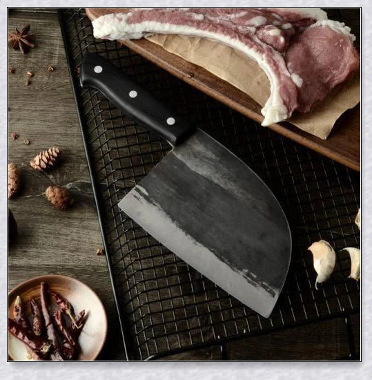 Hand-forged Serbian Butcher Knife with high-carbon steel blade, perfect for chopping, slicing, and hacking through vegetables, meats, and even wood.
