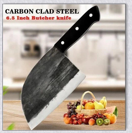 Hand-forged Serbian Butcher Knife with high-carbon steel blade, perfect for chopping, slicing, and hacking through vegetables, meats, and even wood.