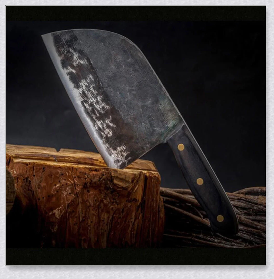 Hand-forged Serbian Butcher Knife with high-carbon steel blade, perfect for chopping, slicing, and hacking through vegetables, meats, and even wood.