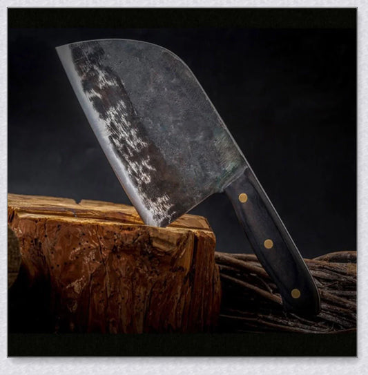Hand-forged Serbian Butcher Knife with high-carbon steel blade, perfect for chopping, slicing, and hacking through vegetables, meats, and even wood.
