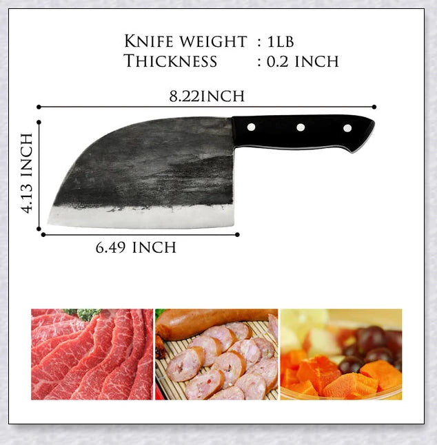 Hand-forged Serbian Butcher Knife with high-carbon steel blade, perfect for chopping, slicing, and hacking through vegetables, meats, and even wood.