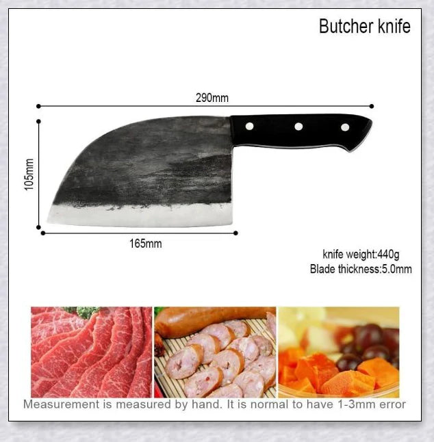 Hand-forged Serbian Butcher Knife with high-carbon steel blade, perfect for chopping, slicing, and hacking through vegetables, meats, and even wood.